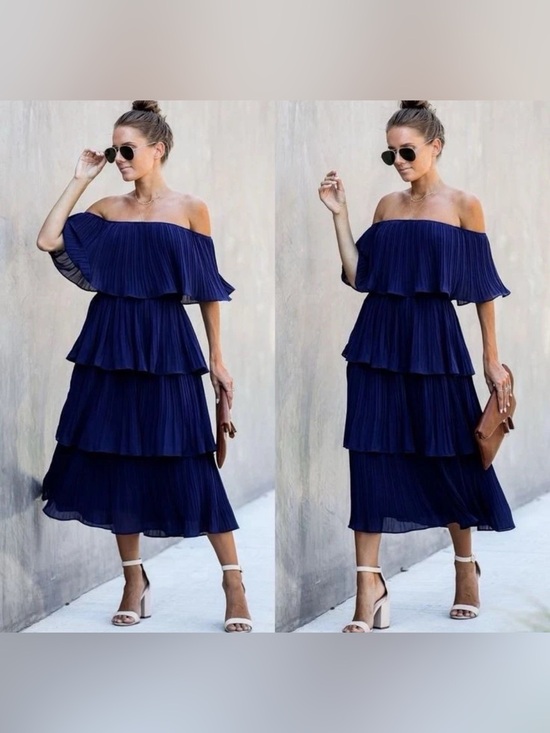 Just Me Dresses & Skirts - Just Me Off-Shoulder Navy Tiered Pleated Midi Dress